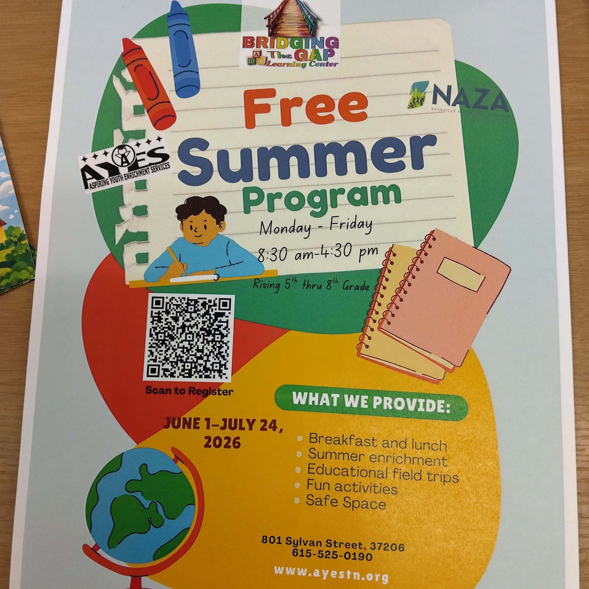 Free Summer Program flyer — Bridging the Gap Learning Center, June 1–July 24, 2026