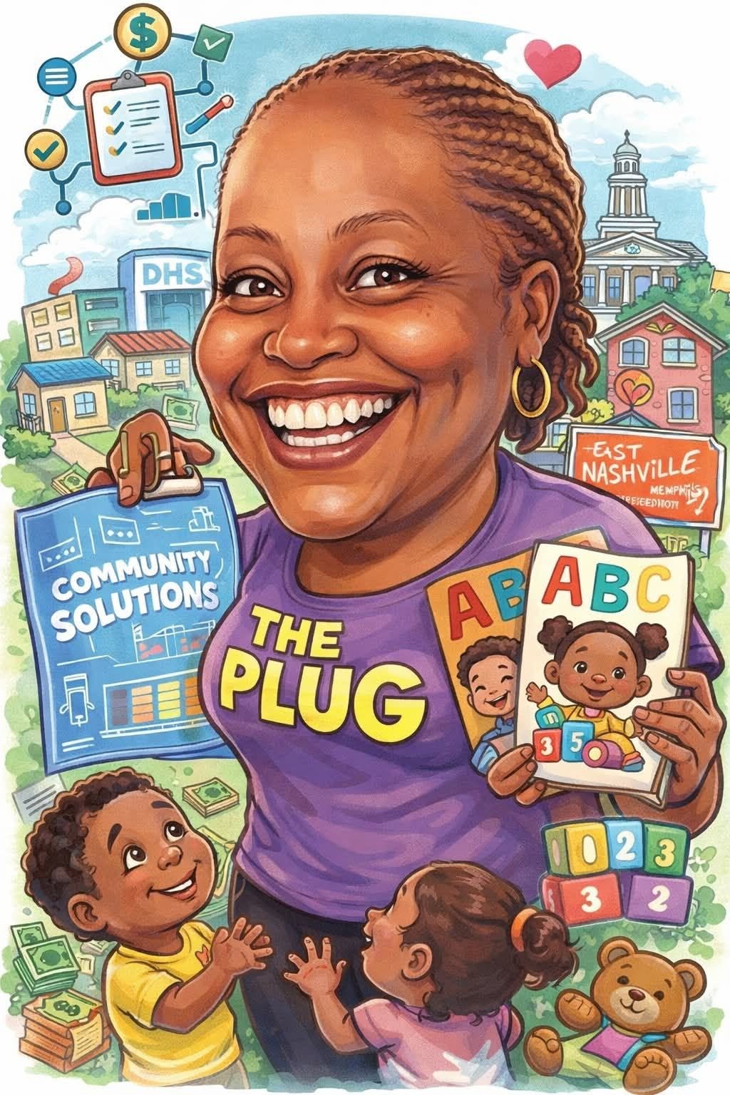 Illustrated portrait of Shetika Davis — 'The Plug' for community solutions