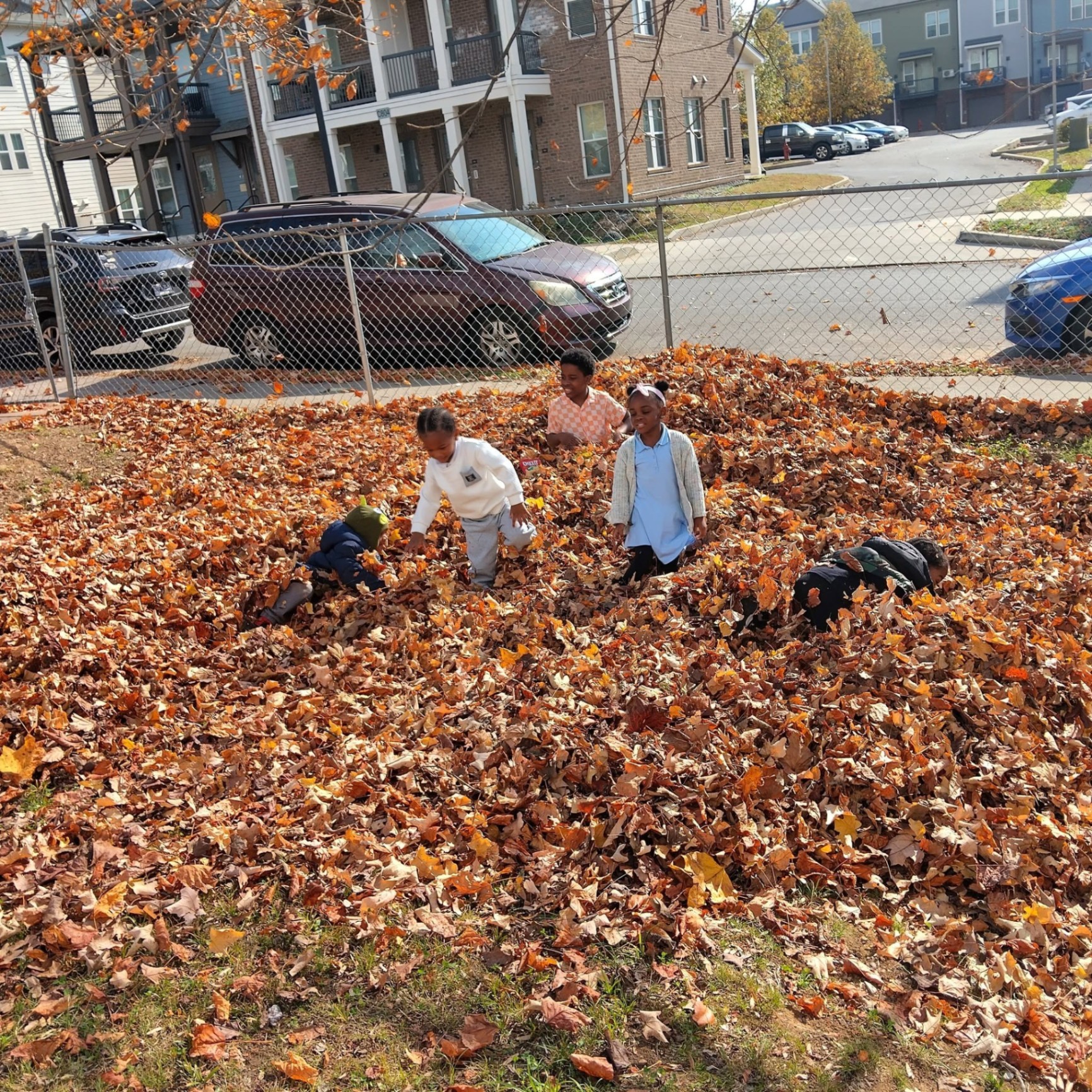 Children playing in a giant pile of autumn leaves