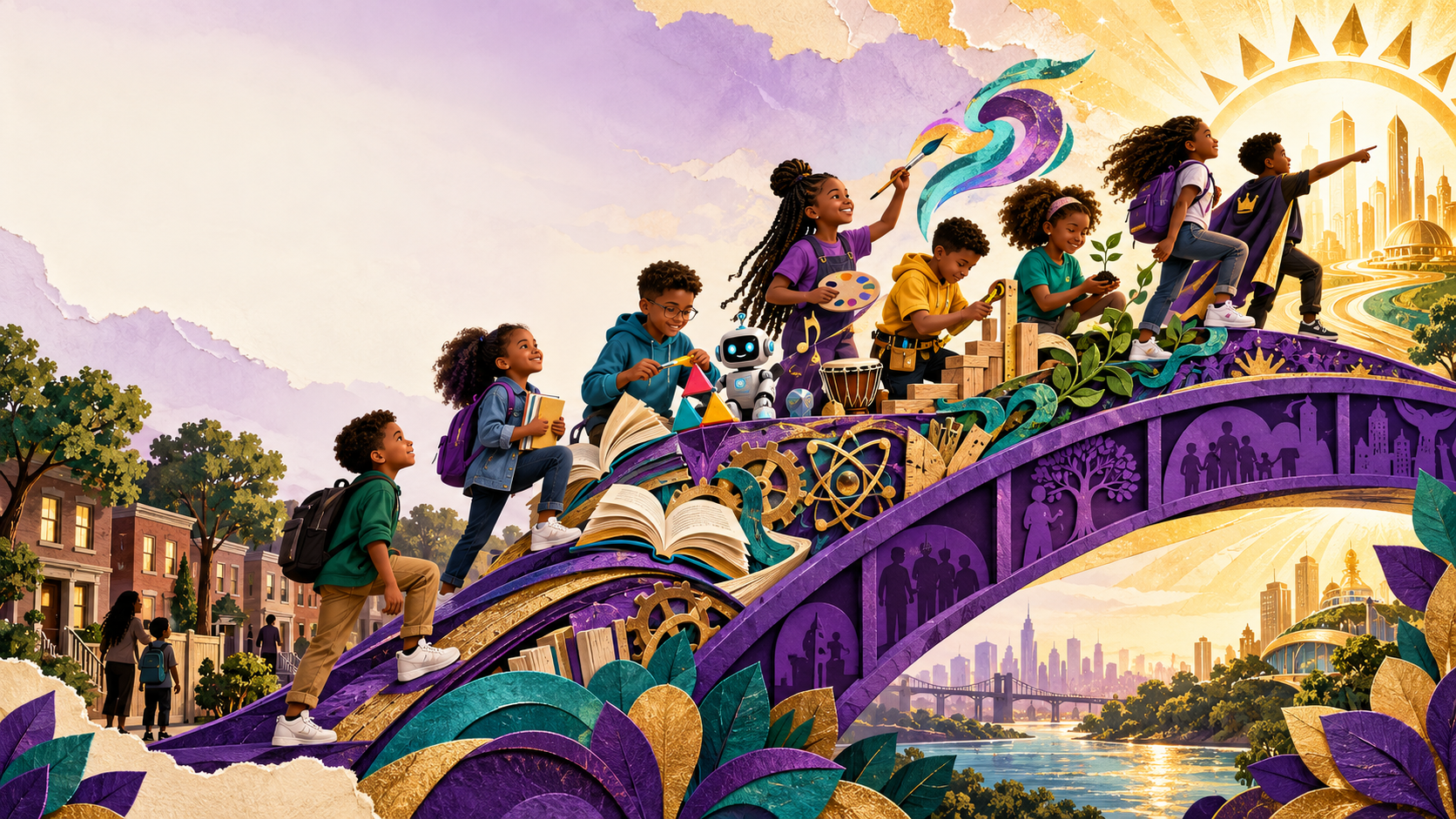 Children crossing a colorful bridge of books, gears, and art supplies toward a bright city skyline — symbolizing the Bridge2Tomorrow afterschool enrichment journey